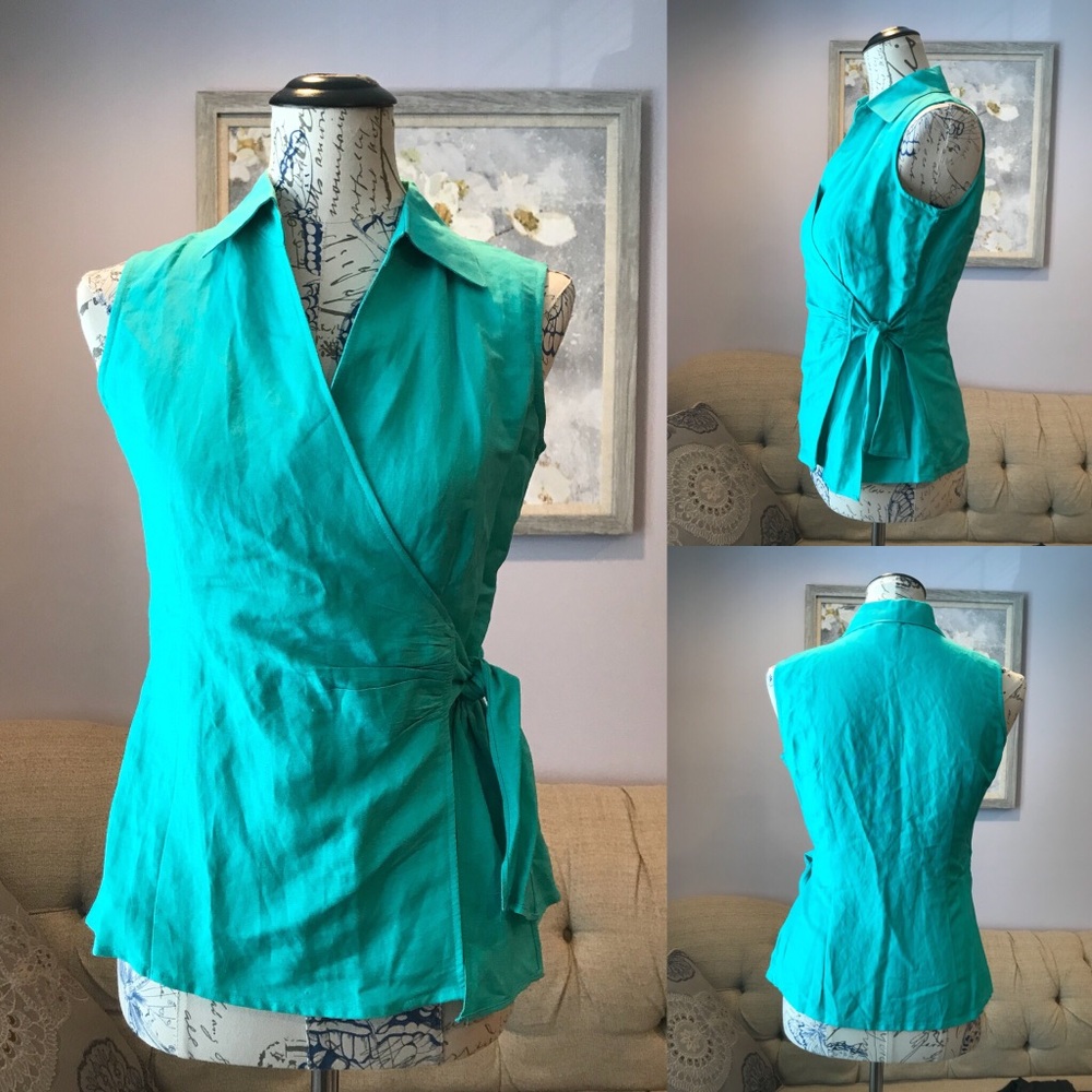 Petite linen wrap top with collar